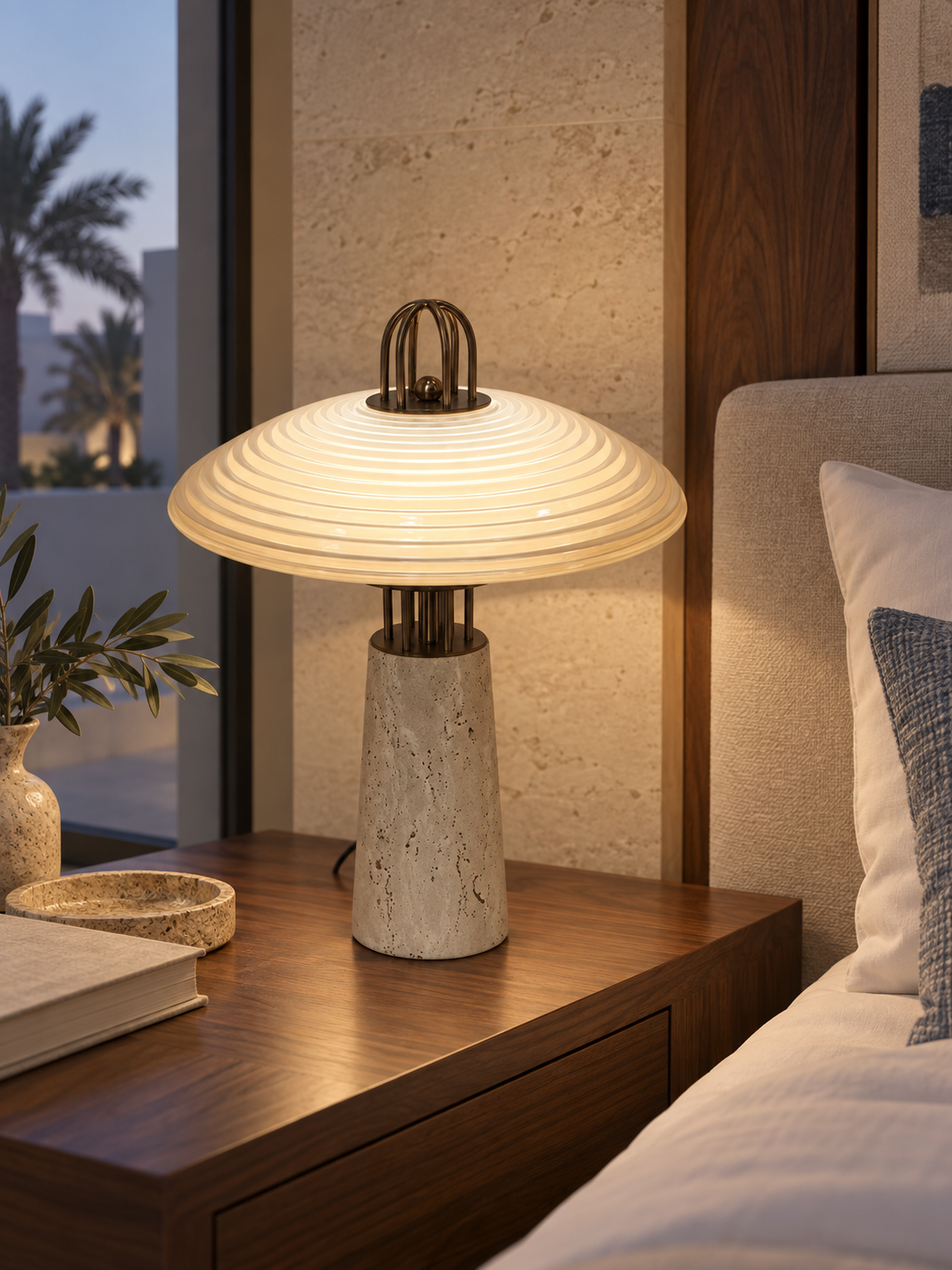 Layered table lamp with a stone base