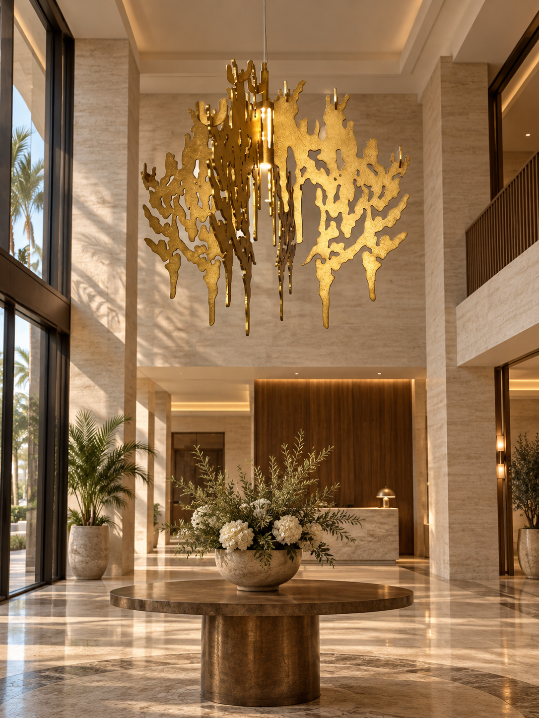 Sculptural gold pendant in a tall lobby